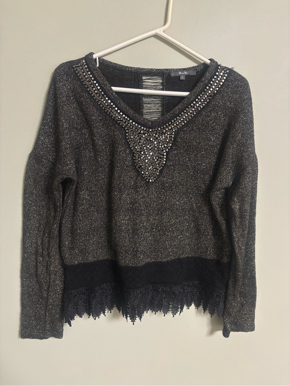 Miss Me Beaded Embellished Lace Trim Top Sweater Size Medium Y2K Glam Boho